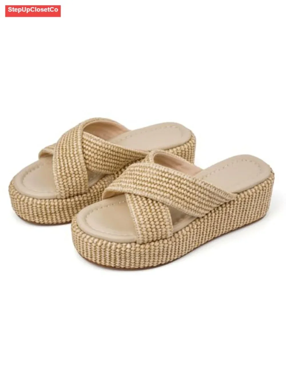 Raffia Woven Platform Espadrille Wedge Sandals Slides Slip On